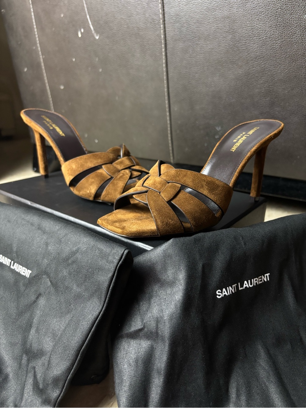 Saint Laurent Brown Suede Knotted Mule Heels